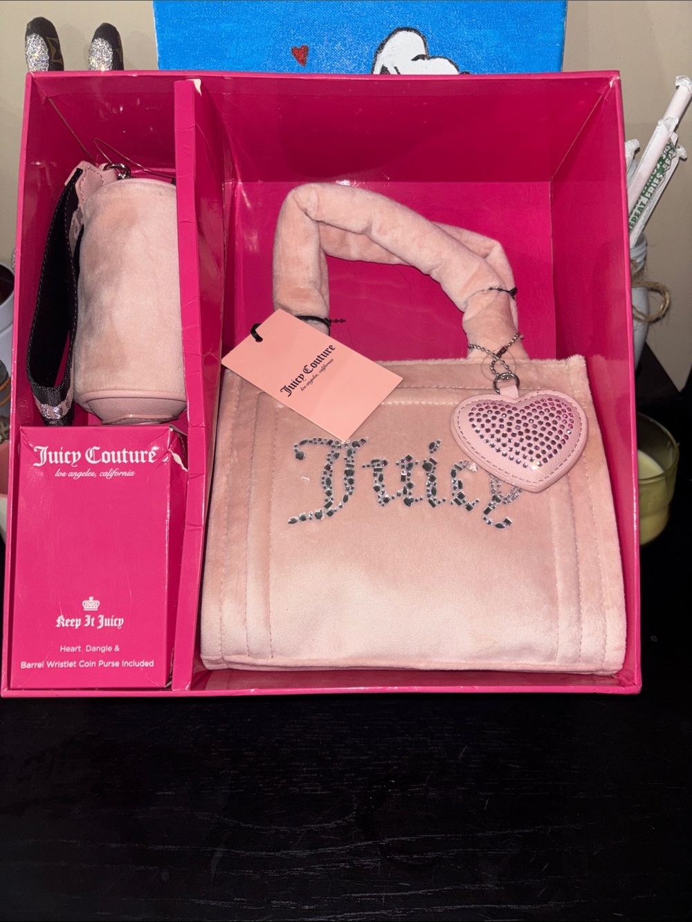 Juicy Couture Blush Pink Velour Mini Bag with Heart Charm & mini duffle wristlet